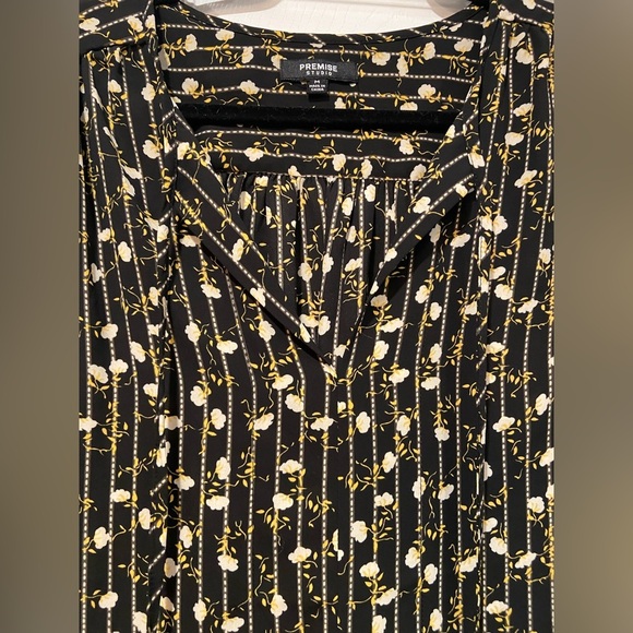 Premise Studio Black Yellow Floral Striped V Neck Tie Long Sleeve Blouse Size M - Picture 7 of 11